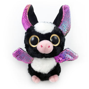 Stuffed panda bat with glittering oversized eyes and sparkling fabric details