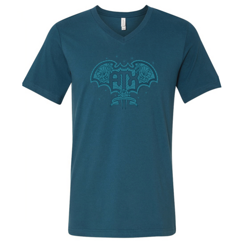 Short sleeve v-neck tshirt in deep teal with ATX Wings screenprinted on front