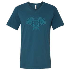 Short sleeve v-neck tshirt in deep teal with ATX Wings screenprinted on front
