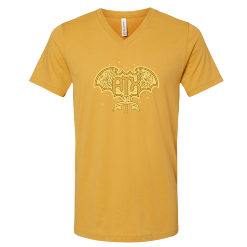 Short sleeve v-neck tshirt in mustard with ATX Wings screenprinted on front
