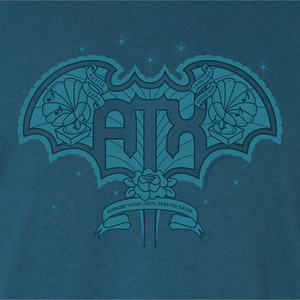 Detail of ATX Wings graphic screenprinted on front of deep teal tee