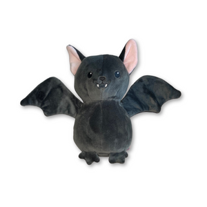 Black bat plushie with fabric features showing the wings open