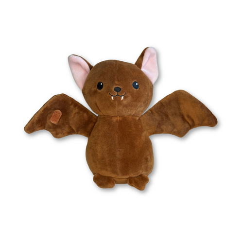 Brown bat plushie with fabric features showing the wings open
