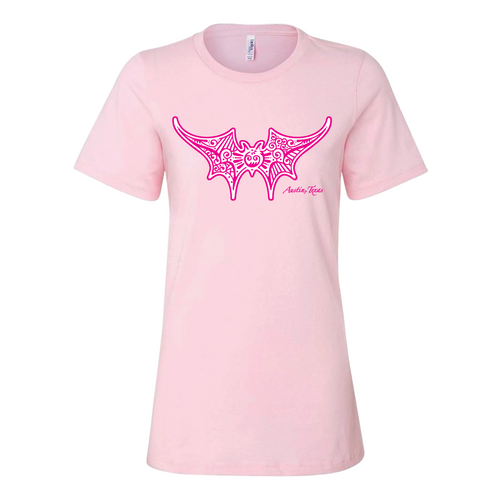 Pink women’s short sleeve crew neck with decorative bat graphic