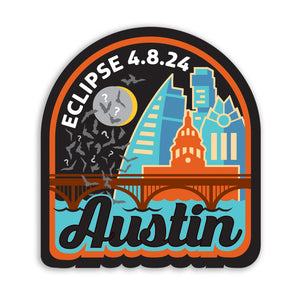 Graphic featuring confused bats rising from bridge, the moon eclipsing the sun, the date of 4-8-24, and four iconic Austin buildings