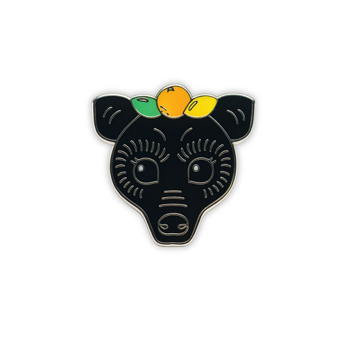 Black bat head enamel pin with fruit on head on a white background