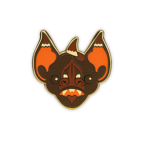 Stylized Chestnut Short-Tailed bat head enamel pin wearing a witch hat on a white background