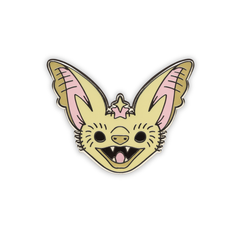 Stylized Desert Long-Eared / Pallid bat head enamel pin on a white background