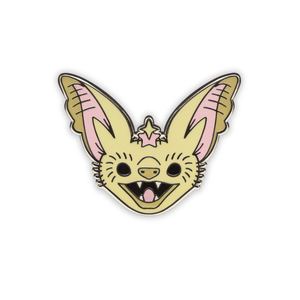 Stylized Desert Long-Eared / Pallid bat head enamel pin on a white background