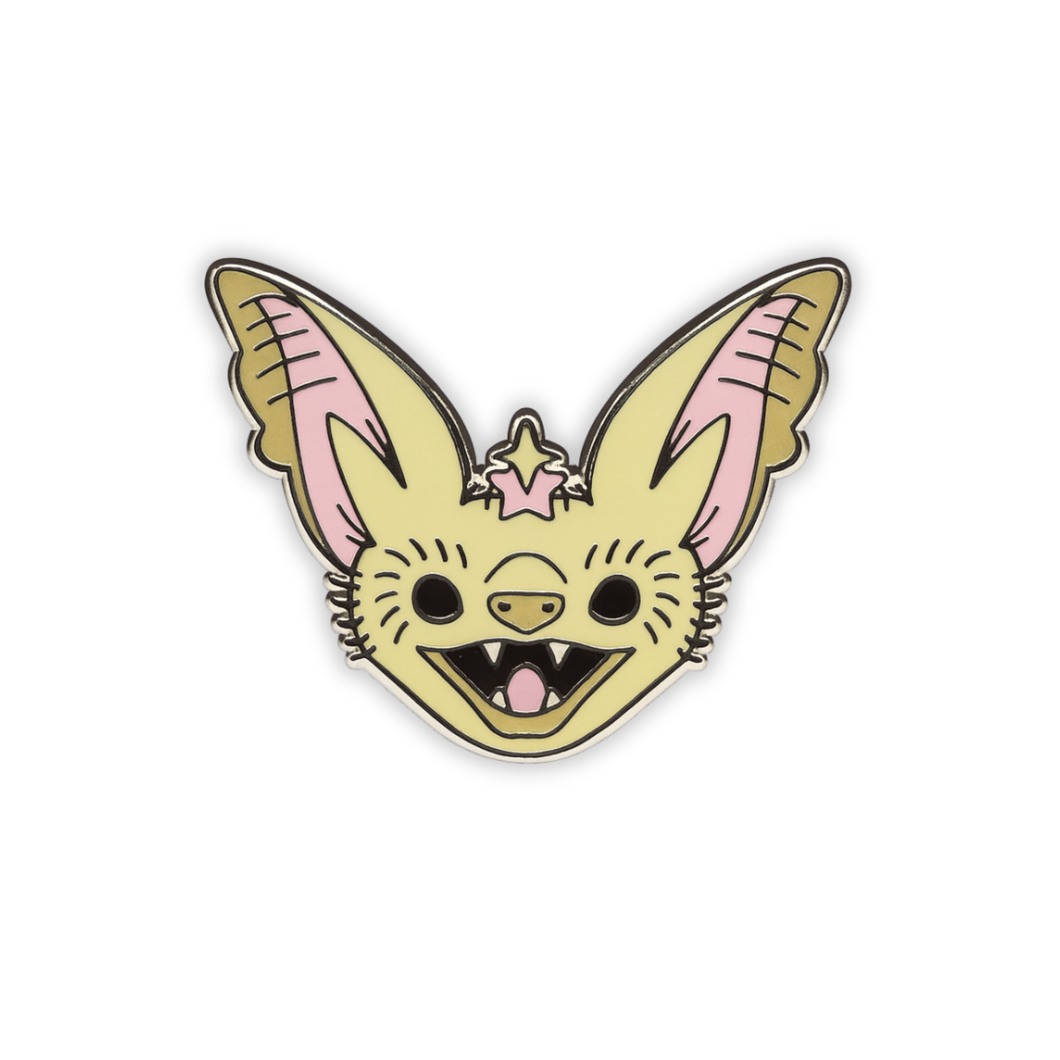 Stylized Desert Long-Eared / Pallid bat head enamel pin on a white background