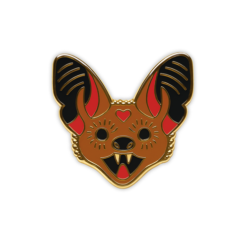 Stylized Little Brown bat head enamel pin with heart on forehead on a white background