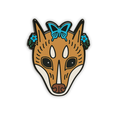 Stylized Mindoro Stripe-faced bat head enamel pin with butterfly on forehead on a white background