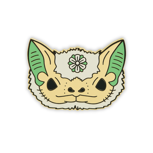 Stylized Northern Ghost bat head enamel pin with a flower on forehead on a white background