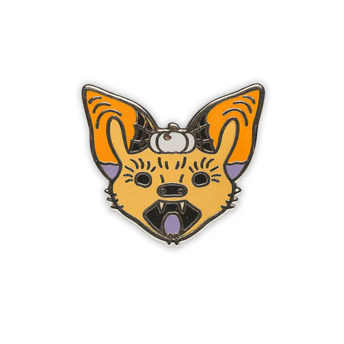 Stylized Painted Bat enamel pin with a pumpkin on forehead on a white background