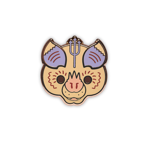 Stylized Percival’s Trident bat head enamel pin with a trident on forehead on a white background