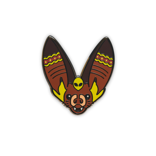 Stylized Rafinesque’s Big-Eared bat head enamel pin with a tiny alien on forehead on a white background