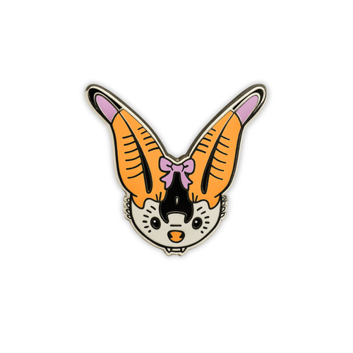 Stylized Spotted Bat head enamel pin with a purple bow on a white background