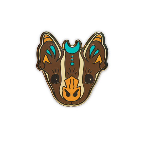 Stylized Tent-making bat head enamel pin on a white background