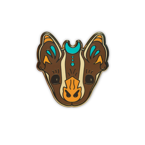 Stylized Tent-making bat head enamel pin on a white background