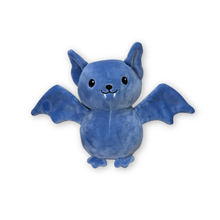 
A blue plush toy shaped like a cute bat with open wings, pointed ears, black embroidered eyes and mouth details, small fangs, and small feet, shown on a plain white background.
