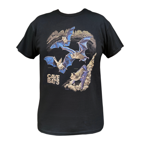 Black t-shirt featuring four illustrated cave-dwelling bats and the words CAVE BATS
