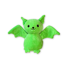A lime green plush toy shaped like a cute bat with open wings, pointed ears, black embroidered eyes and mouth details, small fangs, and small feet, shown on a plain white background.