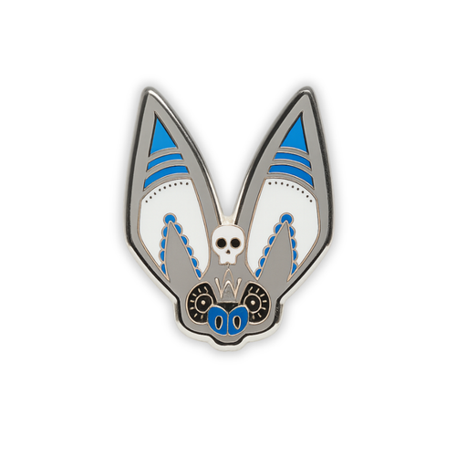 Stylized Grey Long-Eared bat head enamel pin with skull on forehead on a white background