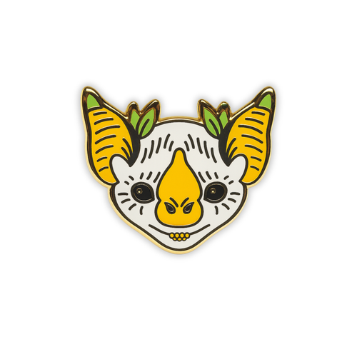 Stylized Honduran White bat head enamel pin on a white background