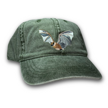 Khaki green cap with embroidered Little Brown bat on the front