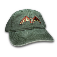 Khaki green cap with embroidered Mexican Free-tailed bat on the front