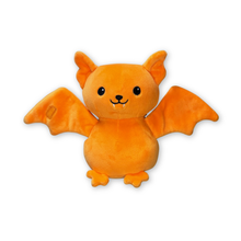 An orange plush toy shaped like a cute bat with open wings, pointed ears, black embroidered eyes and mouth details, small fangs, and small feet, shown on a plain white background.