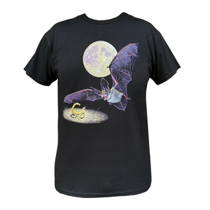 Black t-shirt featuring a pallid bat descending on a scorpion under the full moon