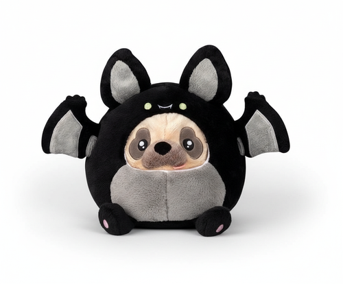 Plush pug toy in a bat costume with a white background