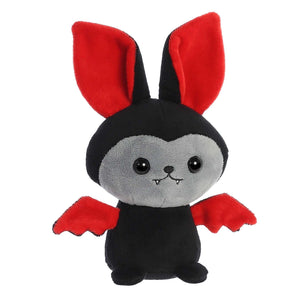 Stuffed black vampire bat toy with red ears, red wings, and grey face with embroidered fangs