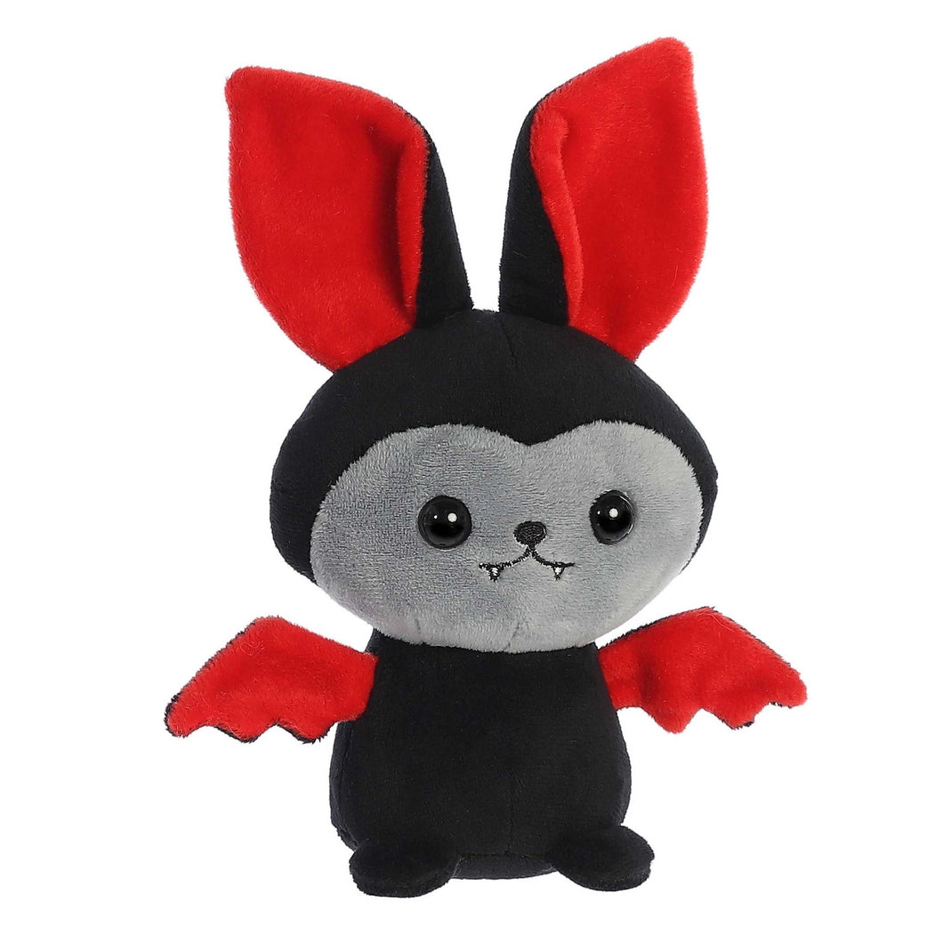 Stuffed black vampire bat toy with red ears, red wings, and grey face with embroidered fangs