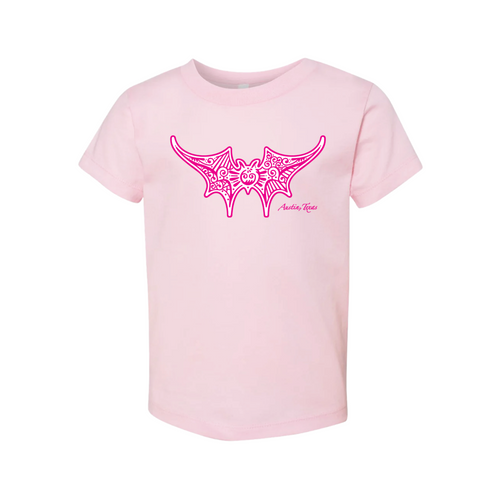Pink children's short sleeve crew neck with decorative bat graphic