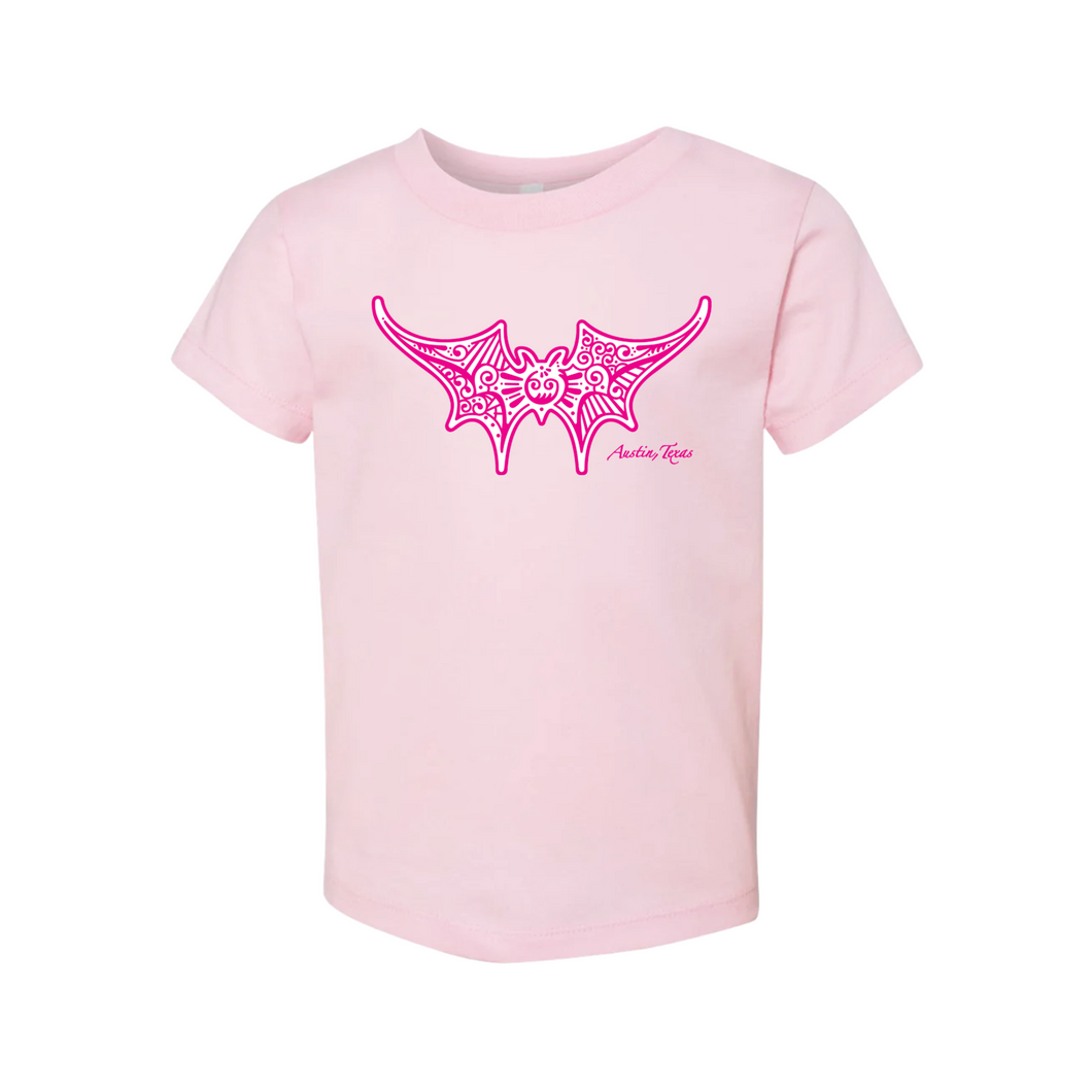 Pink children's short sleeve crew neck with decorative bat graphic