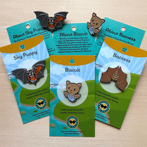 Three enamel pins with colorful cardboard backing describing each bat character