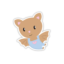 Cute baby bat cartoon sticker wearing overalls with a heart stitched on the front