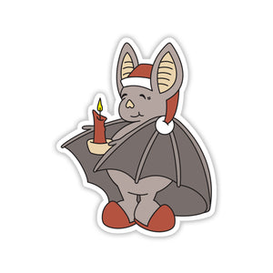 Cozy-looking bat wearing slippers and a nightcap and holding a candle