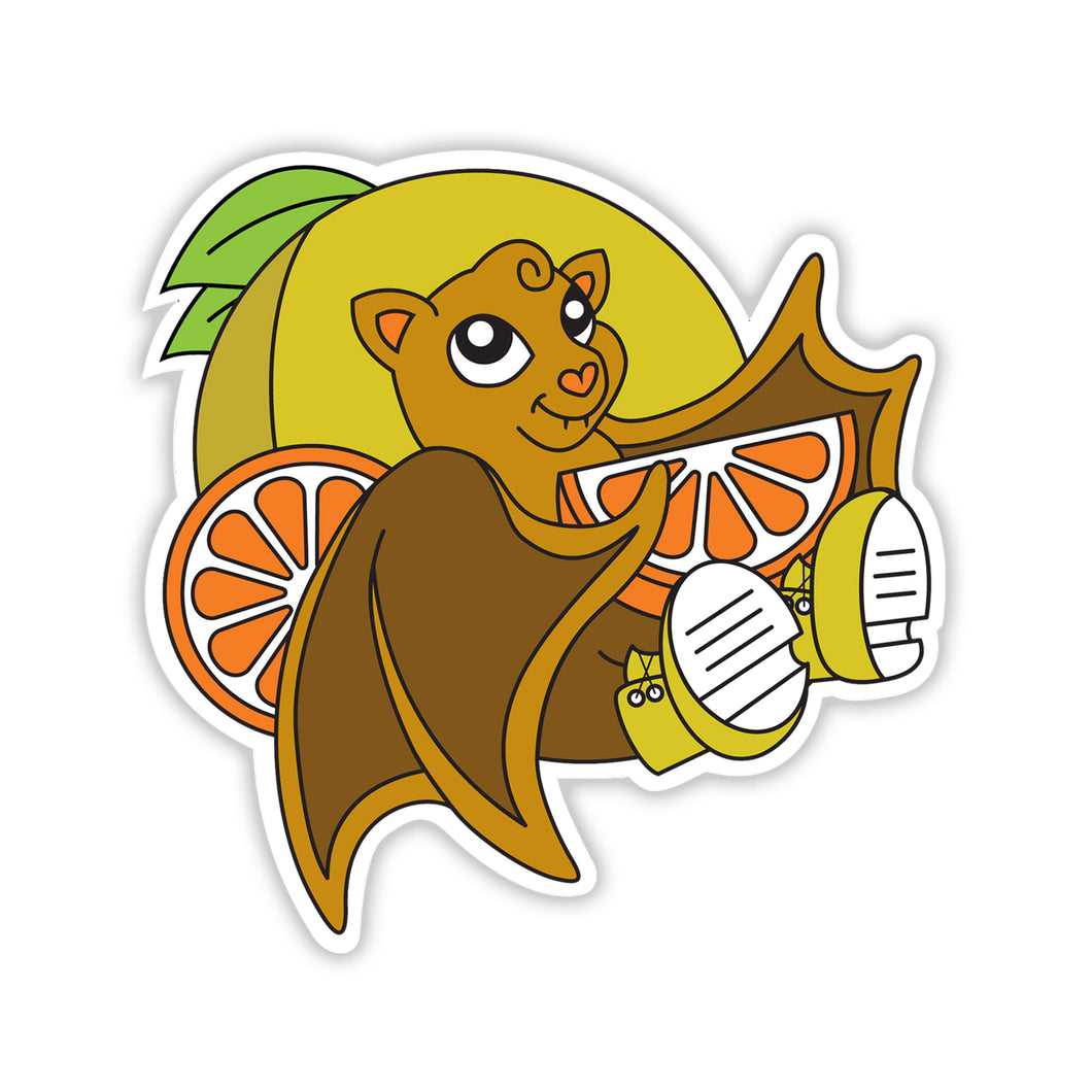 Sneaker-wearing bat leaning against a grapefruit and holding a slice of orange