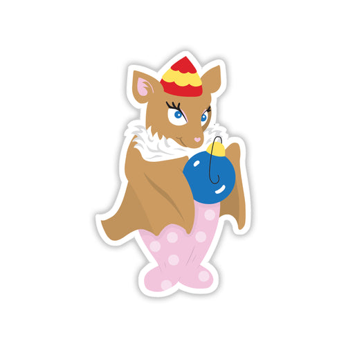 Sweet little bat cartoon sticker holding an ornament and wearing an elf hat and pink jammies
