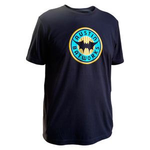 Black short-sleeved crew neck t-shirt printed with 7" Austin Batworks logo in four colors