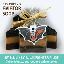 Aviator soap bars featuring one packaged with raffia ribbon and Sky Puppy sticker
