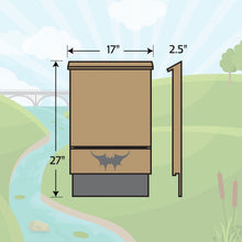 Illustration of Austin Batworks small single chambered bat house with measurements and painted the Region 2 color