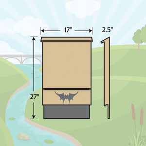 Illustration of Austin Batworks small single chambered bat house with measurements and painted the Region 3 color
