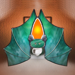Batness stained glass night light in green and orange with crystal eyes