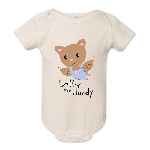 Baby bodysuit wit a cute baby bat and the words batty for daddy underneath