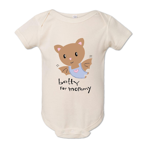 Baby bodysuit wit a cute baby bat and the words batty for mommy underneath