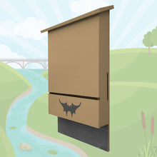 Three-chambered bat house built by Austin Batworks over an illustrated background